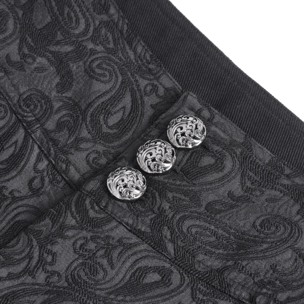 Gothic pants waist close-up showing ornate metal buttons and paisley jacquard embroidery