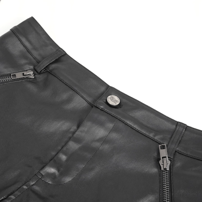 Close-up of black leather pants waist metal button and zipper hardware