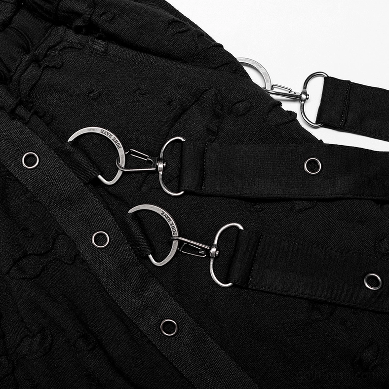 Black gothic pants metal D-ring buckle hardware close-up with snap fasteners and attachment system