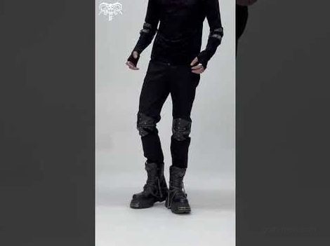 Man wearing gothic leather strap pants with combat boots full outfit styling