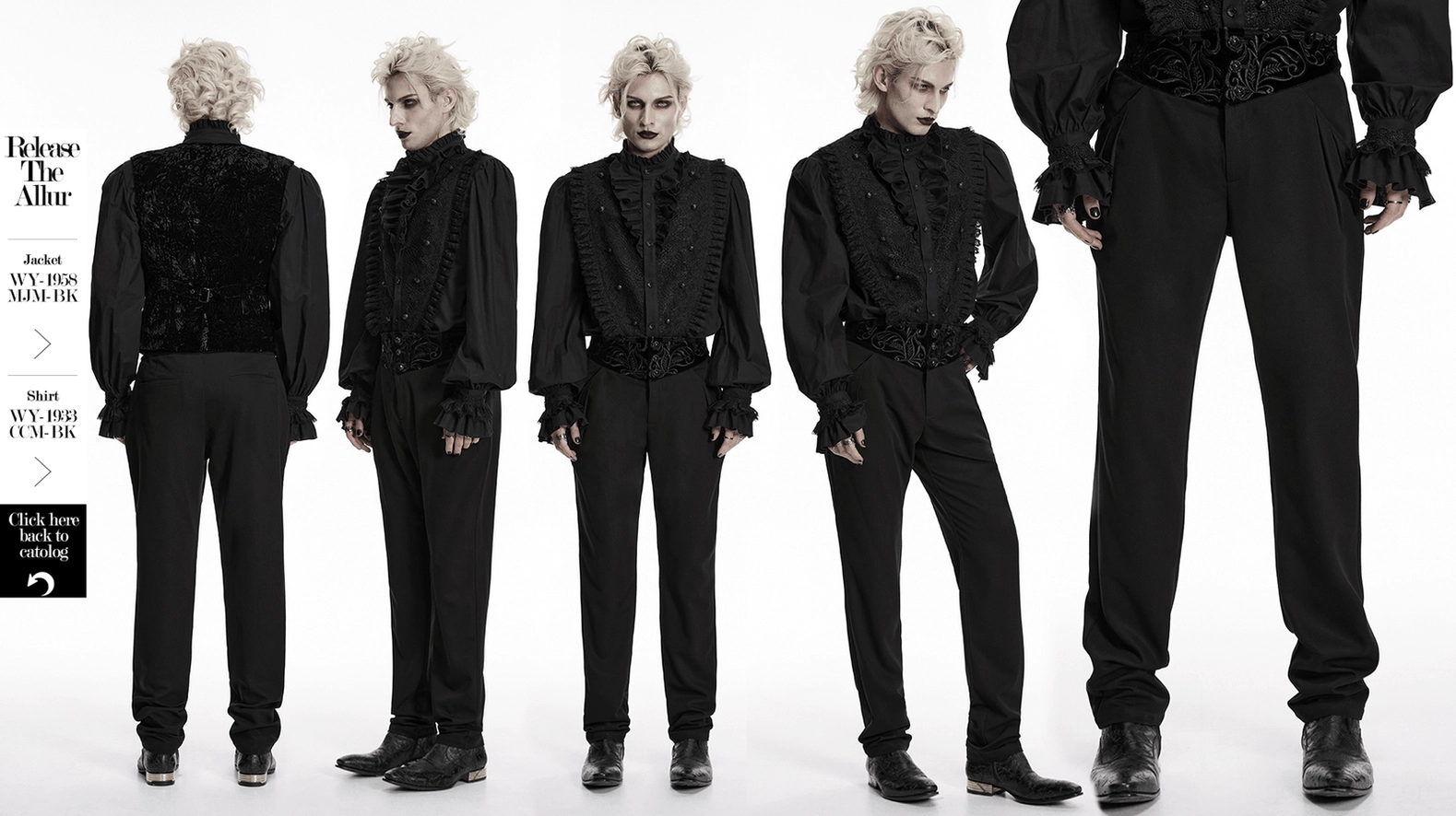 Black gothic pants with velvet embroidery showing overall tailored aesthetic