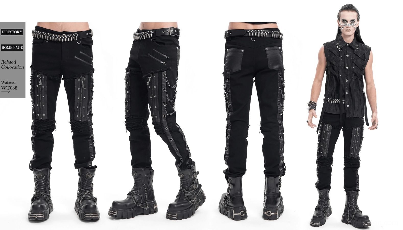 Men's black gothic slim-fit pants styled detail view showing overall chain and zipper embellishments