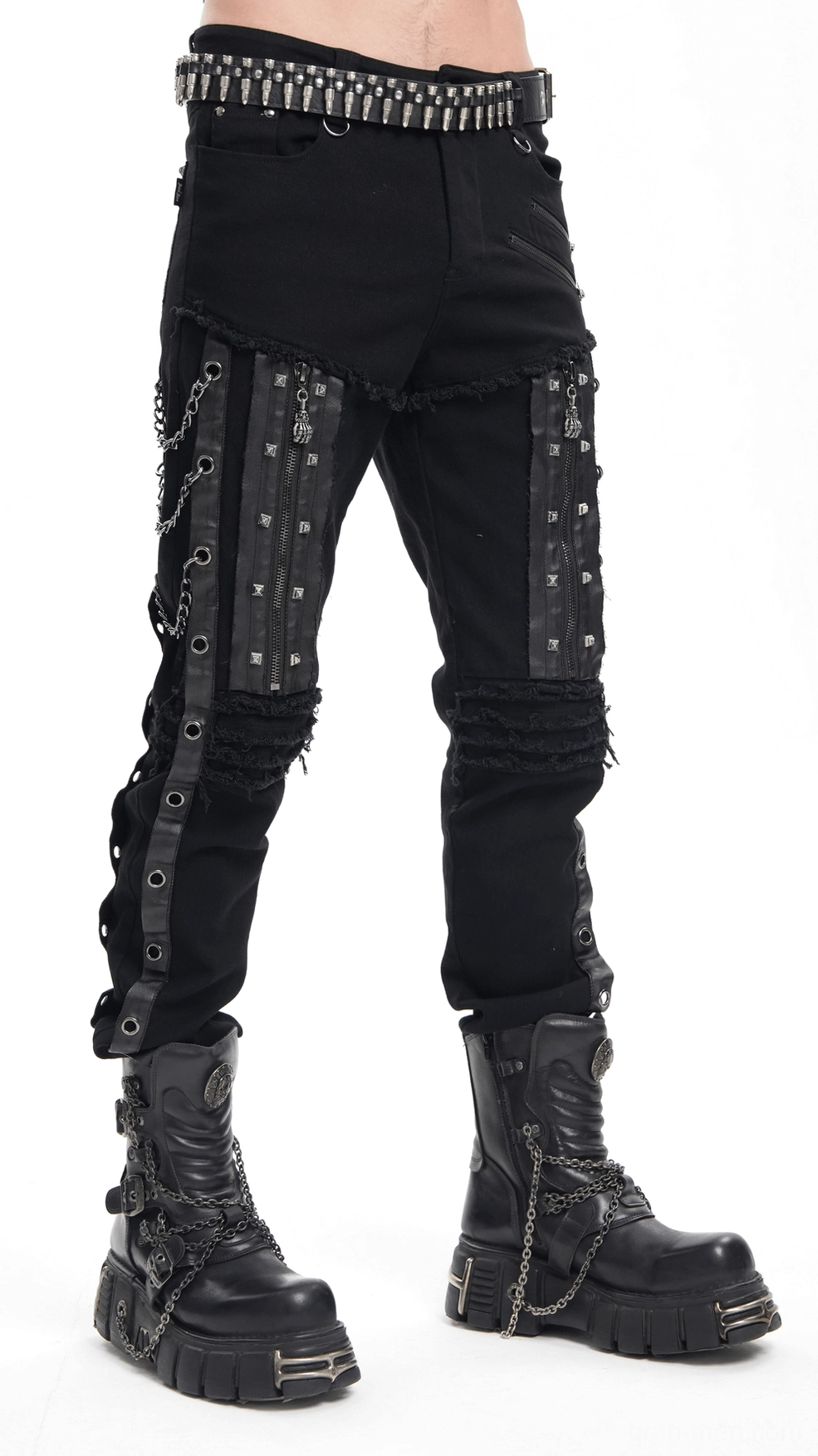 Black gothic slim-fit pants pocket area detail highlighting leather patch and rivet accents