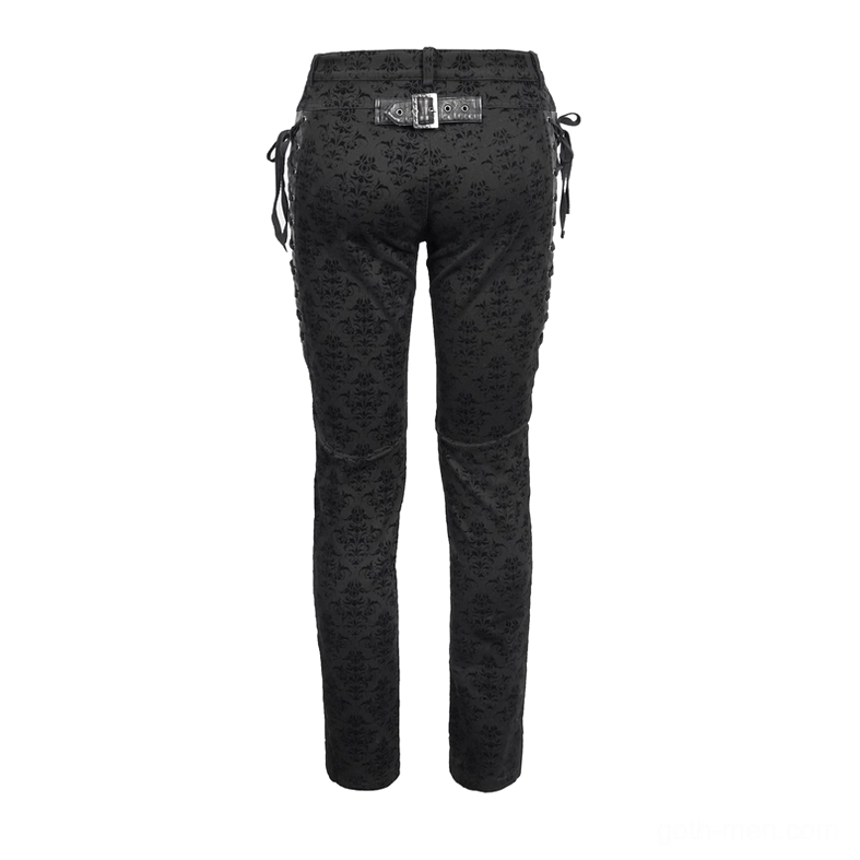 Rear view detail of gothic black pants highlighting decorative leather belt buckle, rear lace-up elements, and damask print