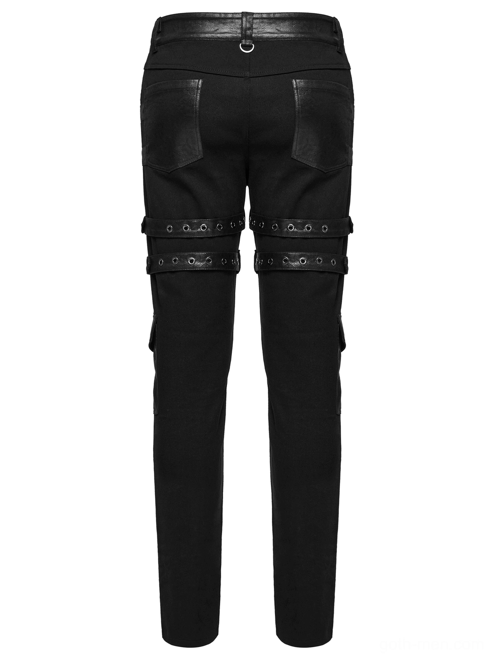 Rear detailed view of gothic studded pants with leather trim, D-rings, and adjustable thigh strap fixtures