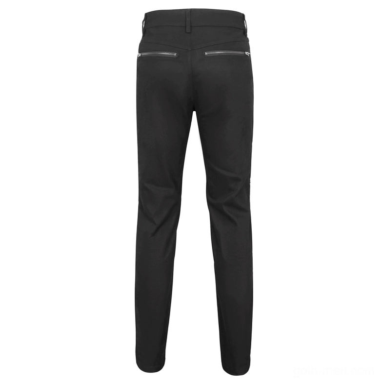 Black slim-fit gothic trousers rear flat lay with zippered back pocket design