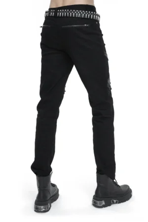 Black punk biker trousers rear three-quarter view displaying dual zipper back pockets