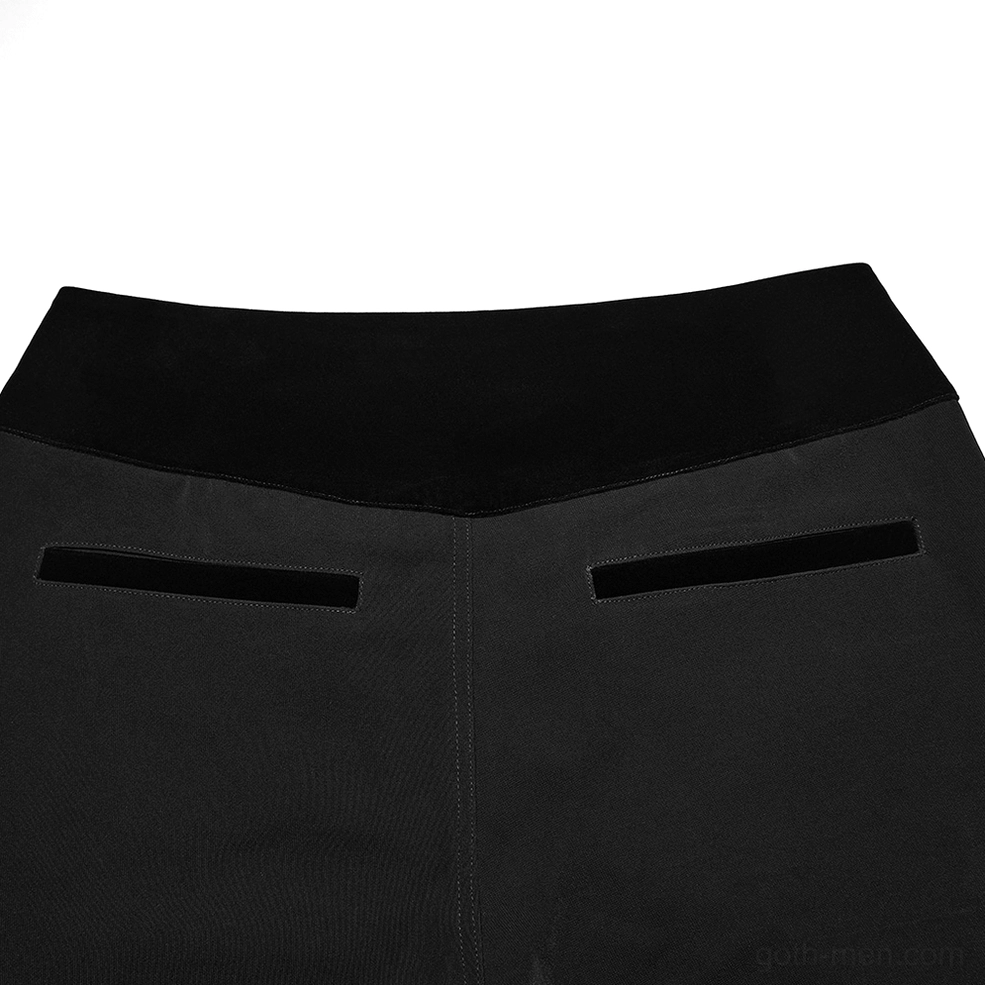 Rear waistband close-up showing velvet-topped design and minimalist flat pockets