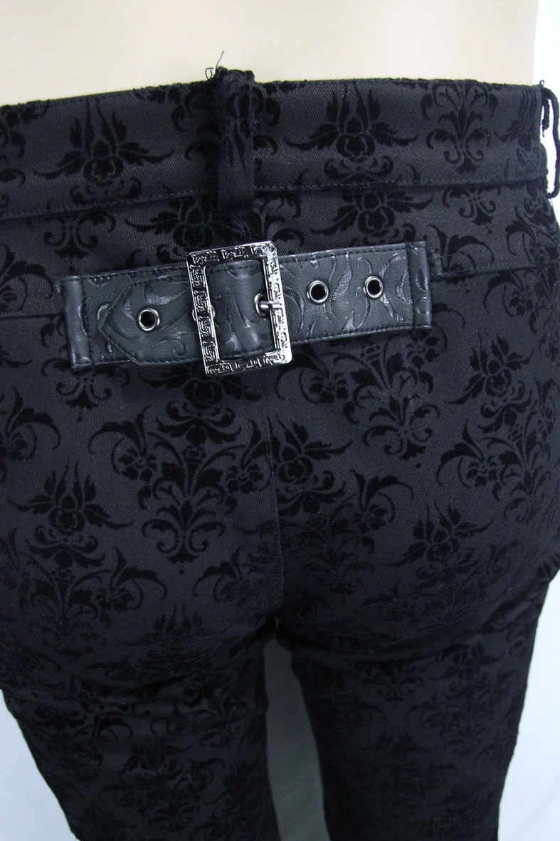 Rear waist close-up showing premium leather belt plate with metal buckle hardware on gothic black steampunk pants