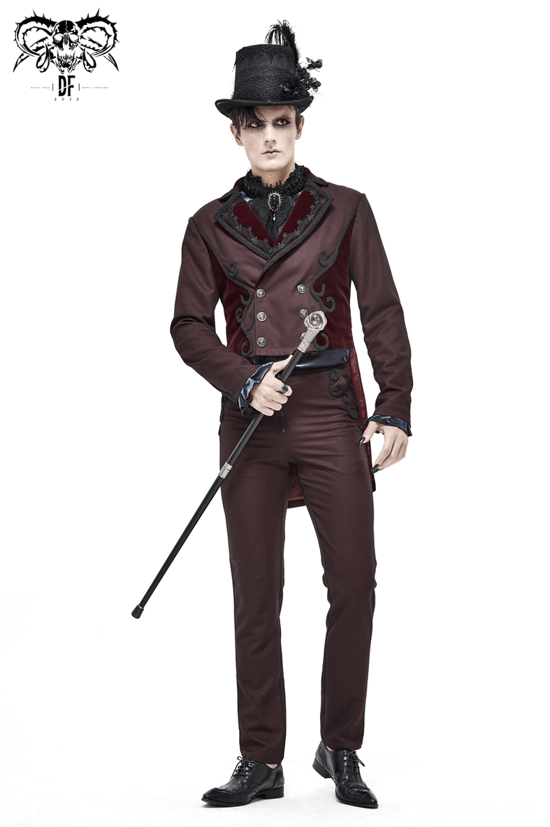 Back view detail of wine red gothic pants emphasizing the vintage buckle belt hardware and professional waistband construction