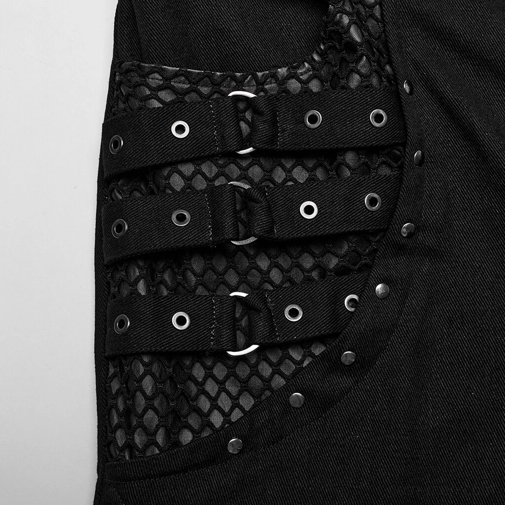 Close-up of metal rivets and eyelet buckle straps on gothic black pants