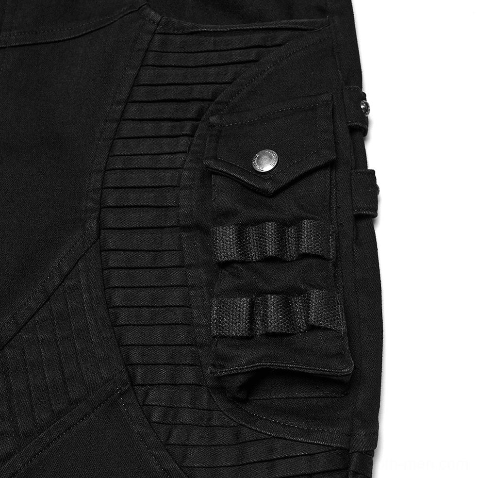 Close-up of black pants side panel showing accordion pleats snap-button pocket and webbing accent