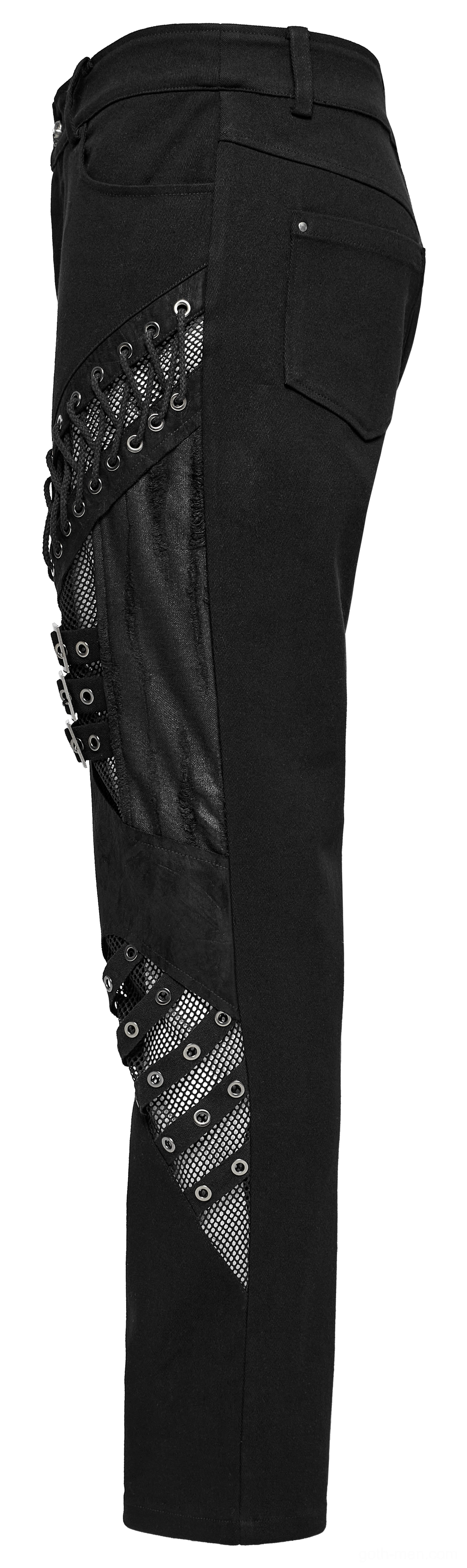 Alternative gothic pants side flat lay showing straight leg cut and decorative side panels