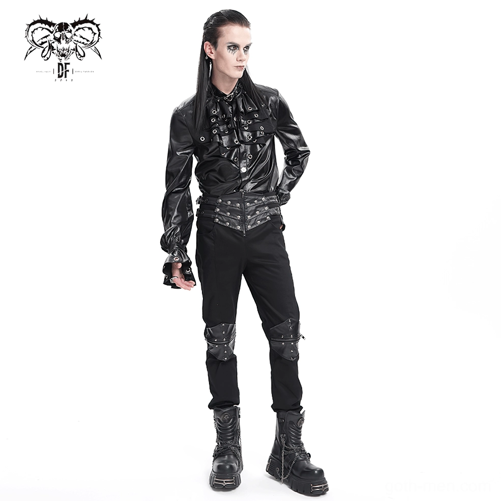Gothic alternative pants full length side profile view with leather accents