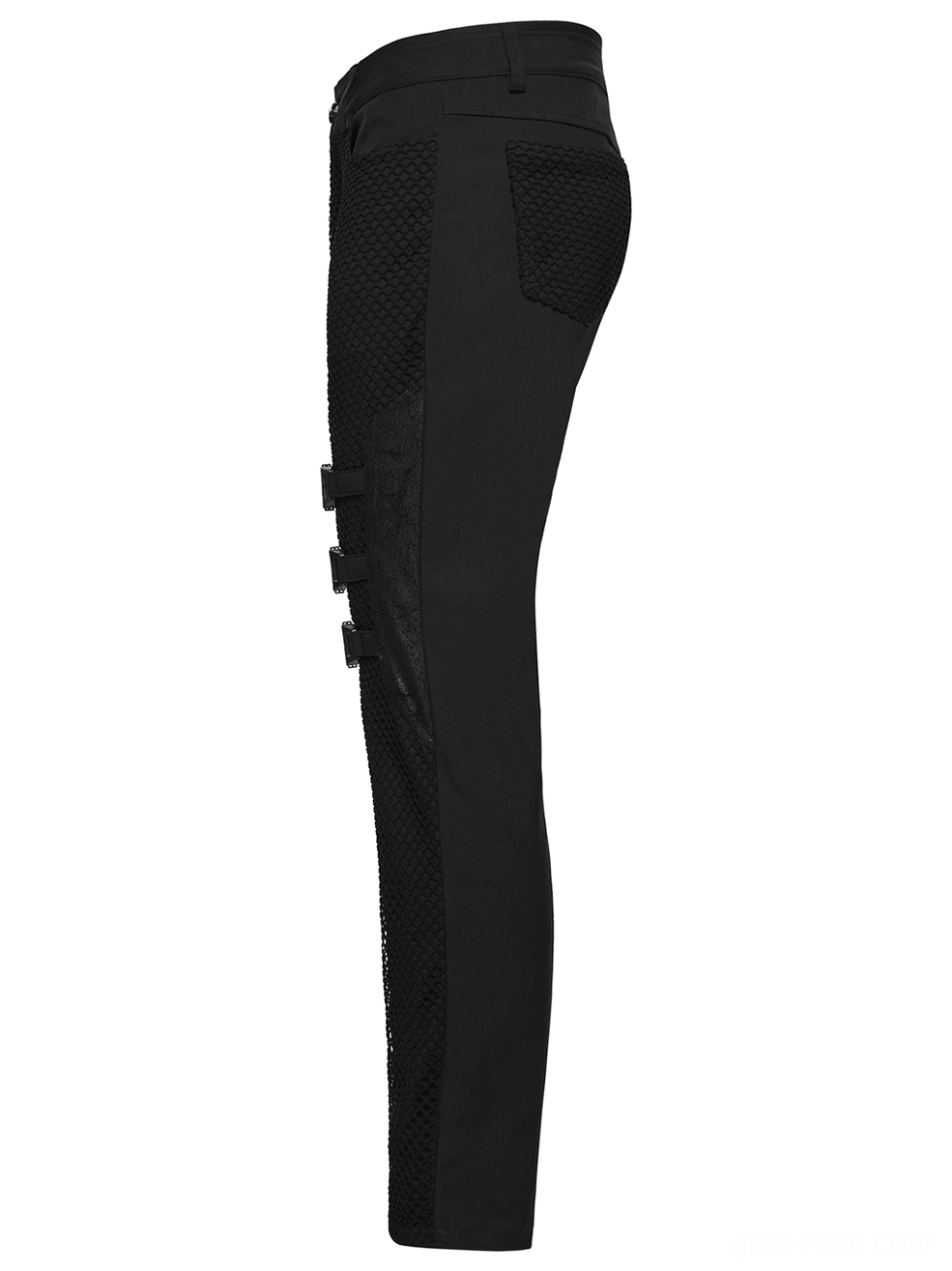 Black gothic slim mesh pants left side profile showing asymmetrical mesh panel