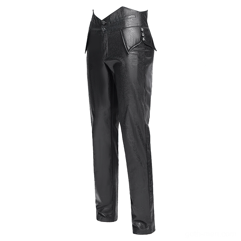 Side profile view of black faux leather gothic pants, showcasing slim straight leg and embossed leather texture