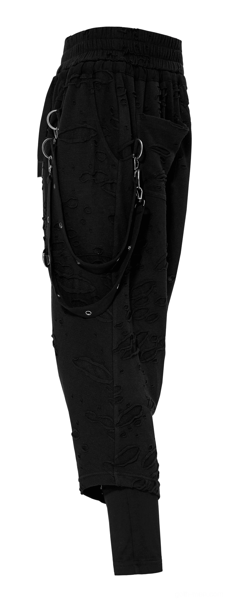 Black gothic cargo pants side profile view with fitted ankle cuffs and side pocket strap details