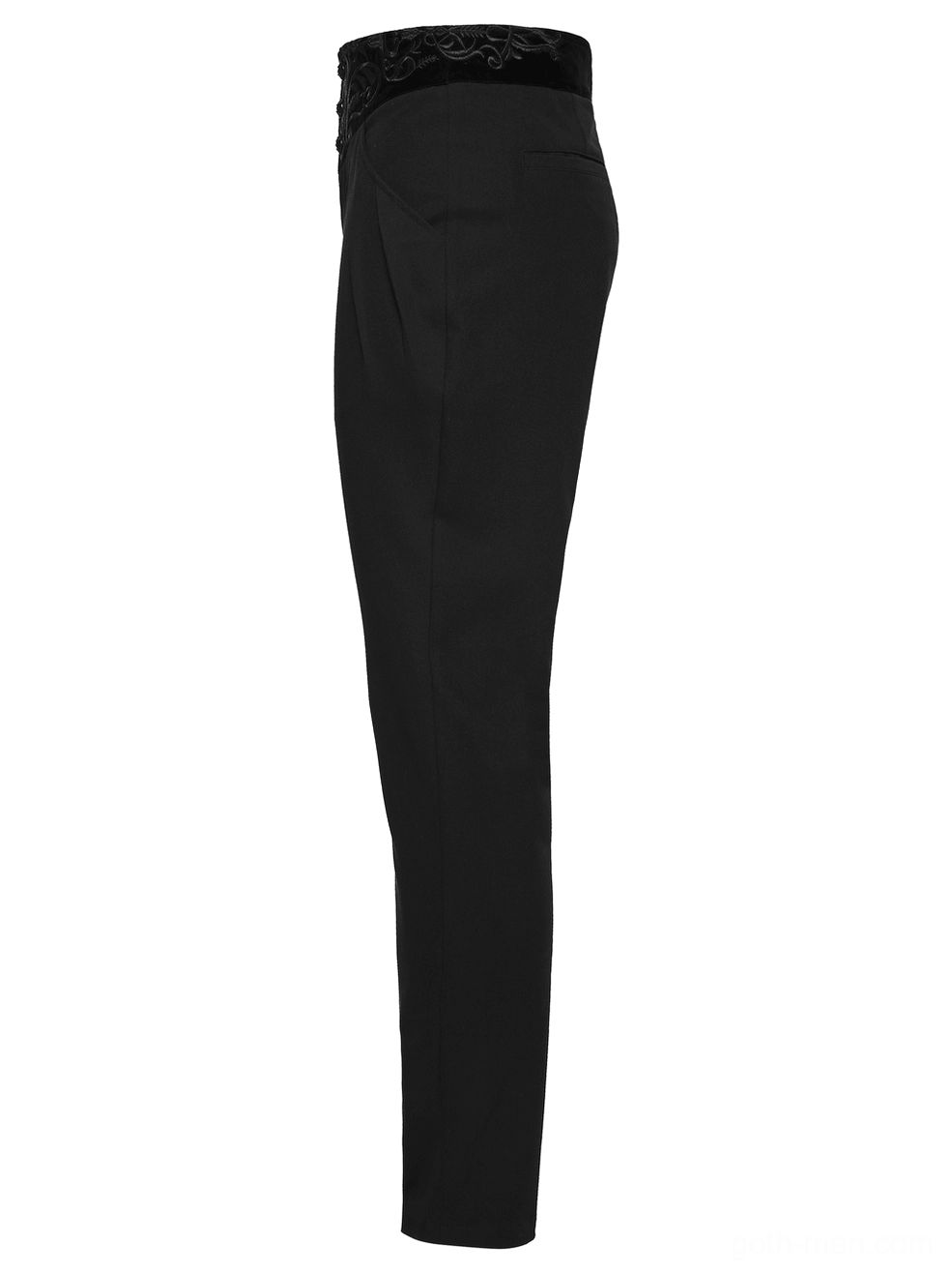 Side profile of black velvet embroidered gothic pants displaying tailored silhouette