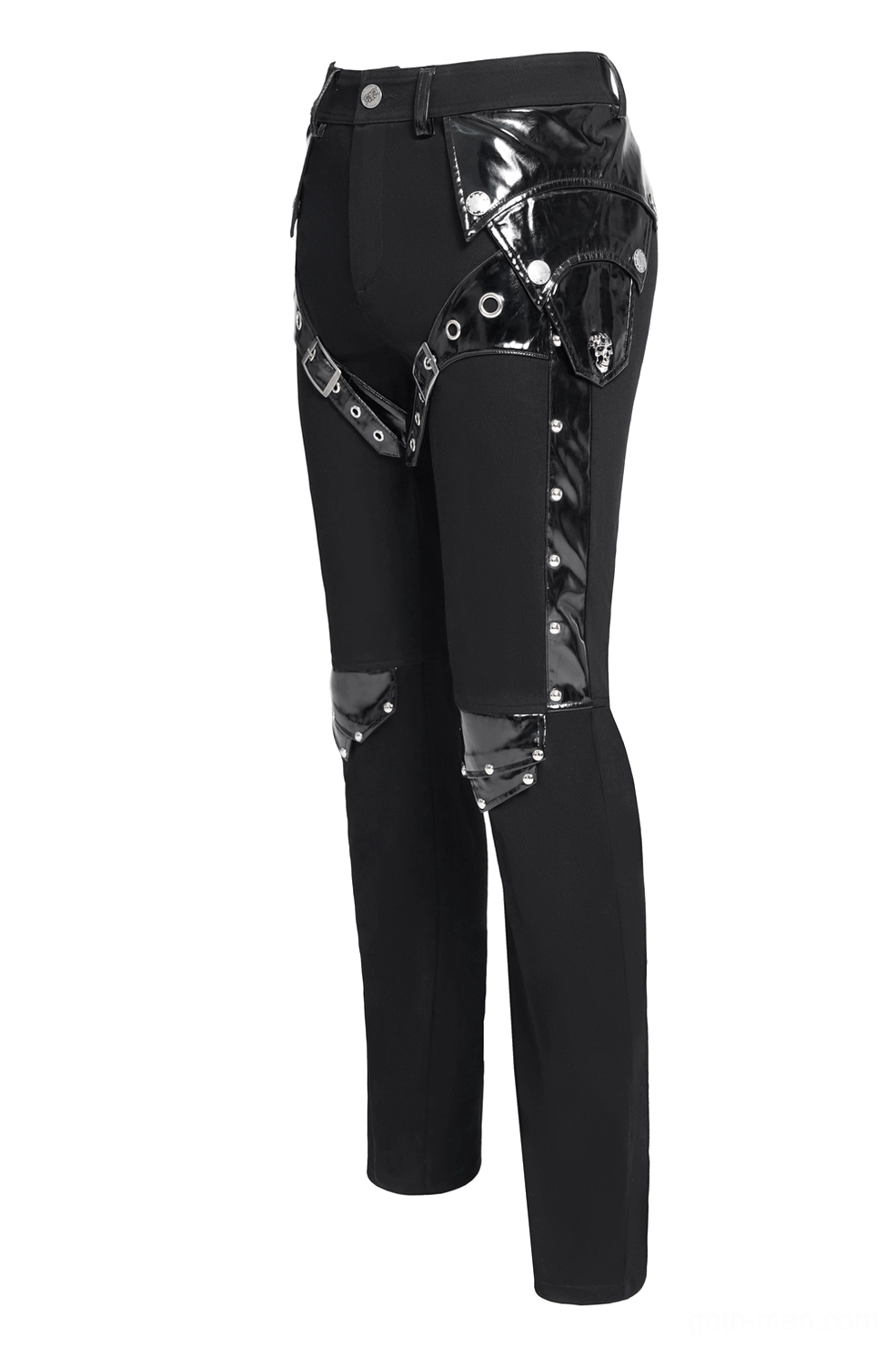 Side rear view of black gothic pants displaying patent leather side pouch and structured knee studs