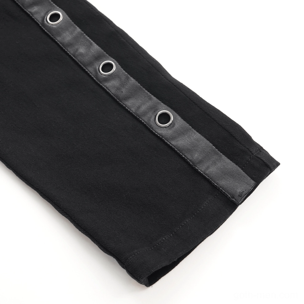 Men's gothic slim-fit pants side seam detail showing metal eyelets and rivet placement