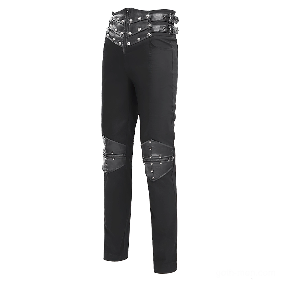 Gothic pants oblique angle view showing leather panels and studded knee accents