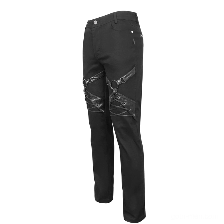 Black gothic slim-fit pants side view flat lay showing lace-up leather harness detail