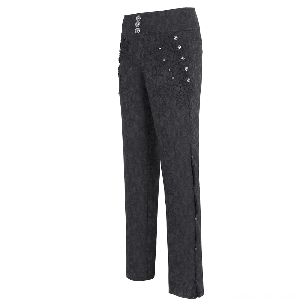 Black high-waisted gothic cargo pants side flat lay view with metal stud embellishments