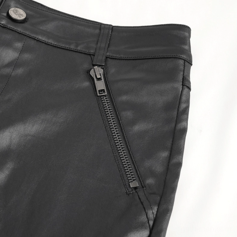 Detailed view of side zipper pocket on black gothic leather biker pants