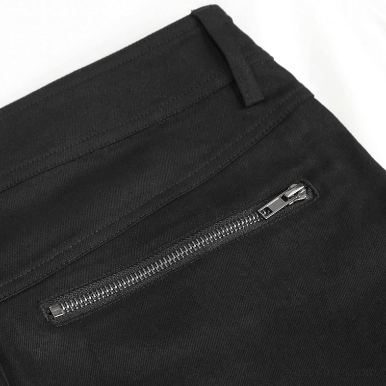 Close-up of zippered side pocket with black metal zipper hardware on slim-fit gothic trousers