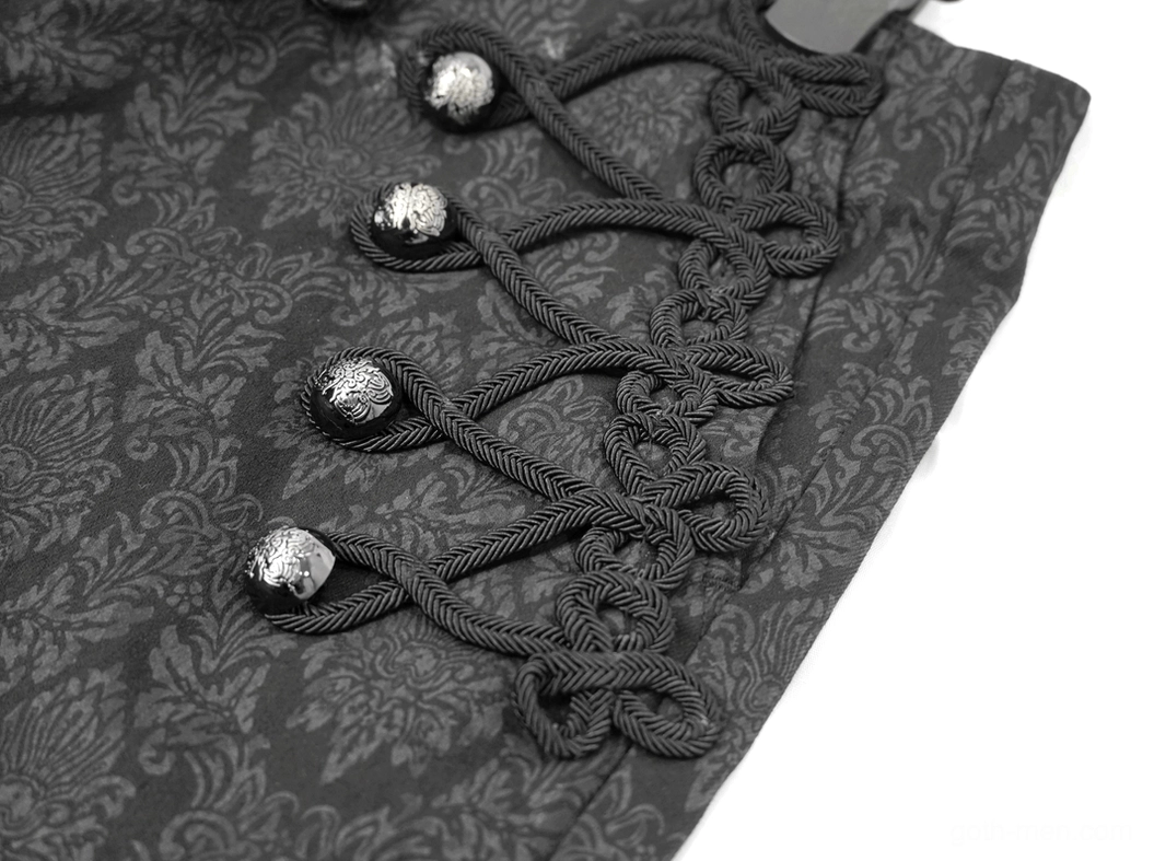 Close-up of black gothic pants side lace-up detail, silver round buttons with braided lace trim demonstrating ornamental construction