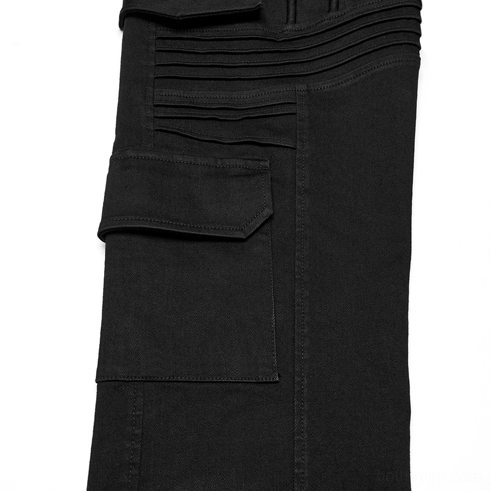 Black gothic cargo pants pocket design close-up stitched folds architectural detail