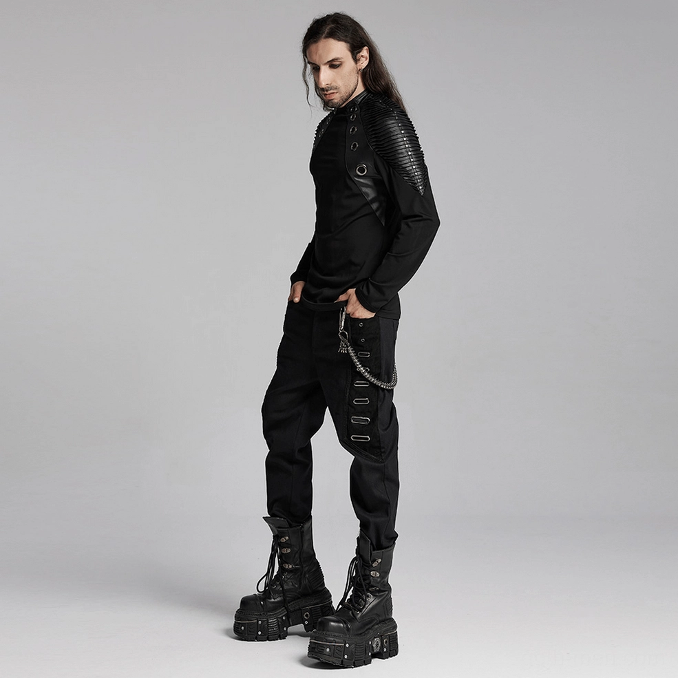 Gothic pants structural details - metal buckle strips, leather edges, and architectural eyelet placement