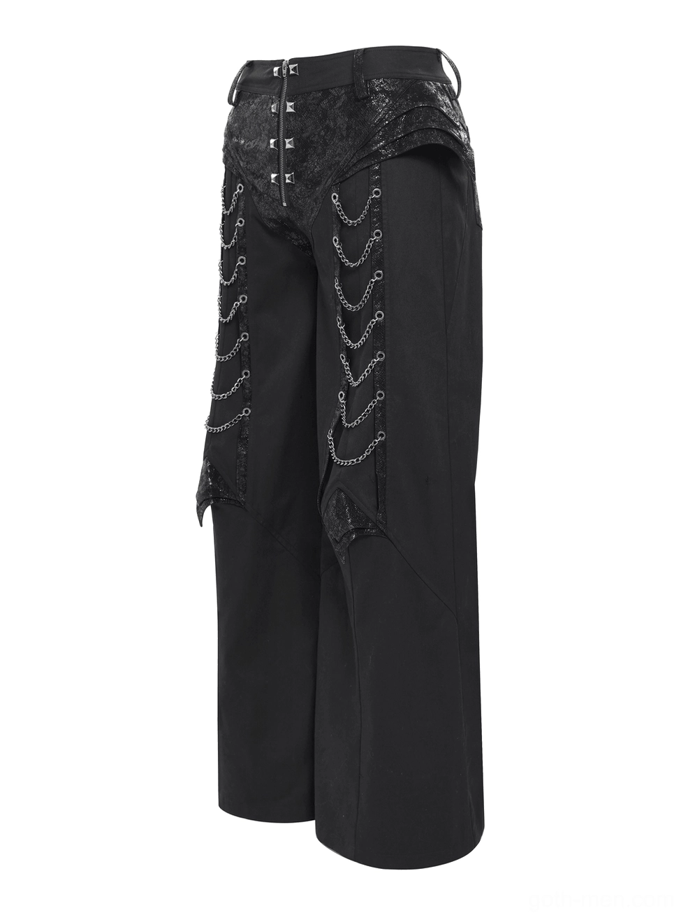 Black gothic wide leg pants with studded waistband and structured construction - front view