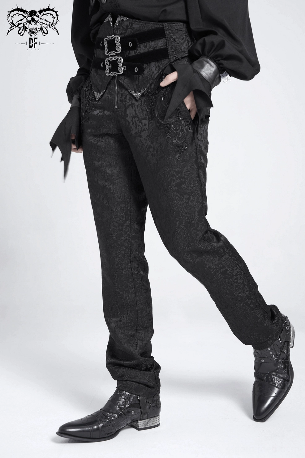 Victorian jacquard pants leg detail - showing tapered fit, seam embellishment, and hem construction on men's gothic trousers