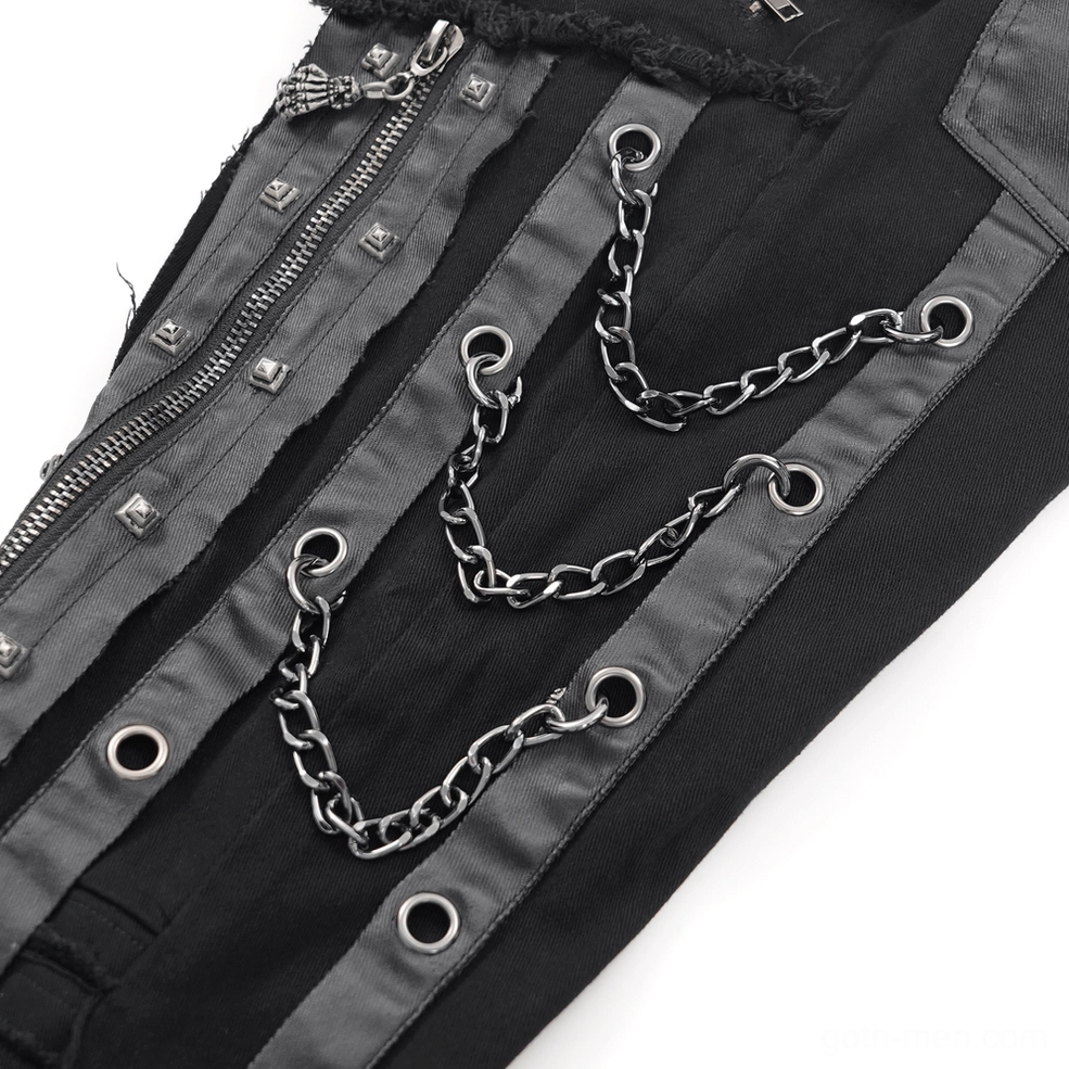 Black gothic slim-fit pants thigh and leg area detail showing distressed rip panels and chain accents