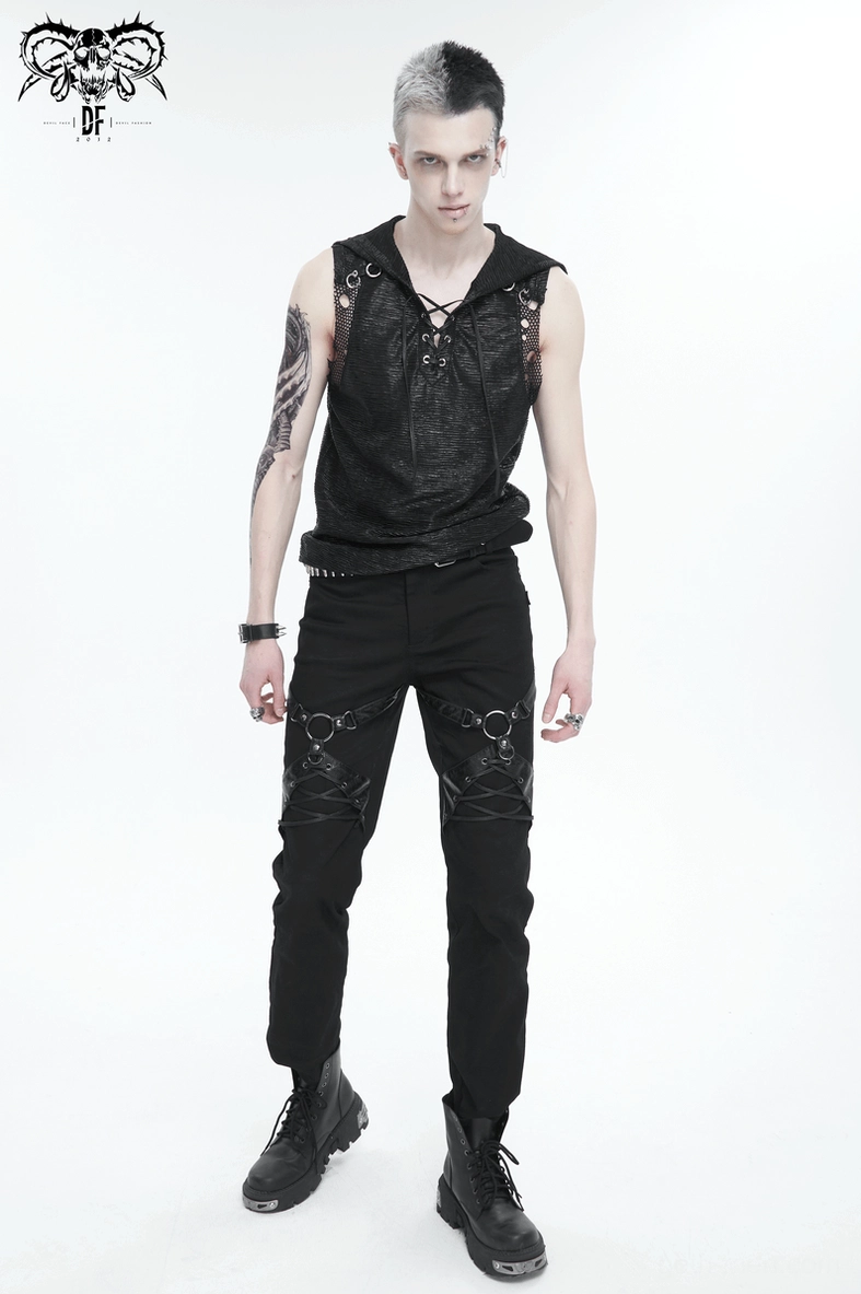 Slim-fit black gothic trousers from male model showing thigh harness and leg opening