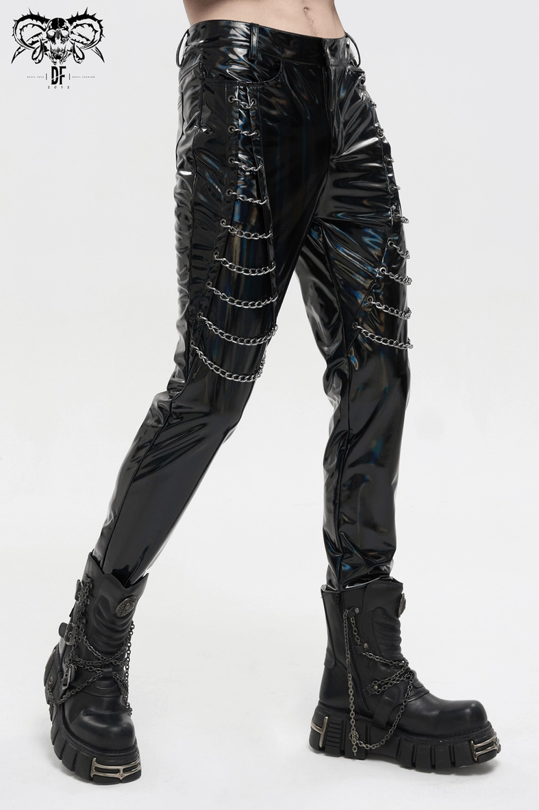 Black gothic patent leather chain pants three-quarter view - punk slim fit trousers detail