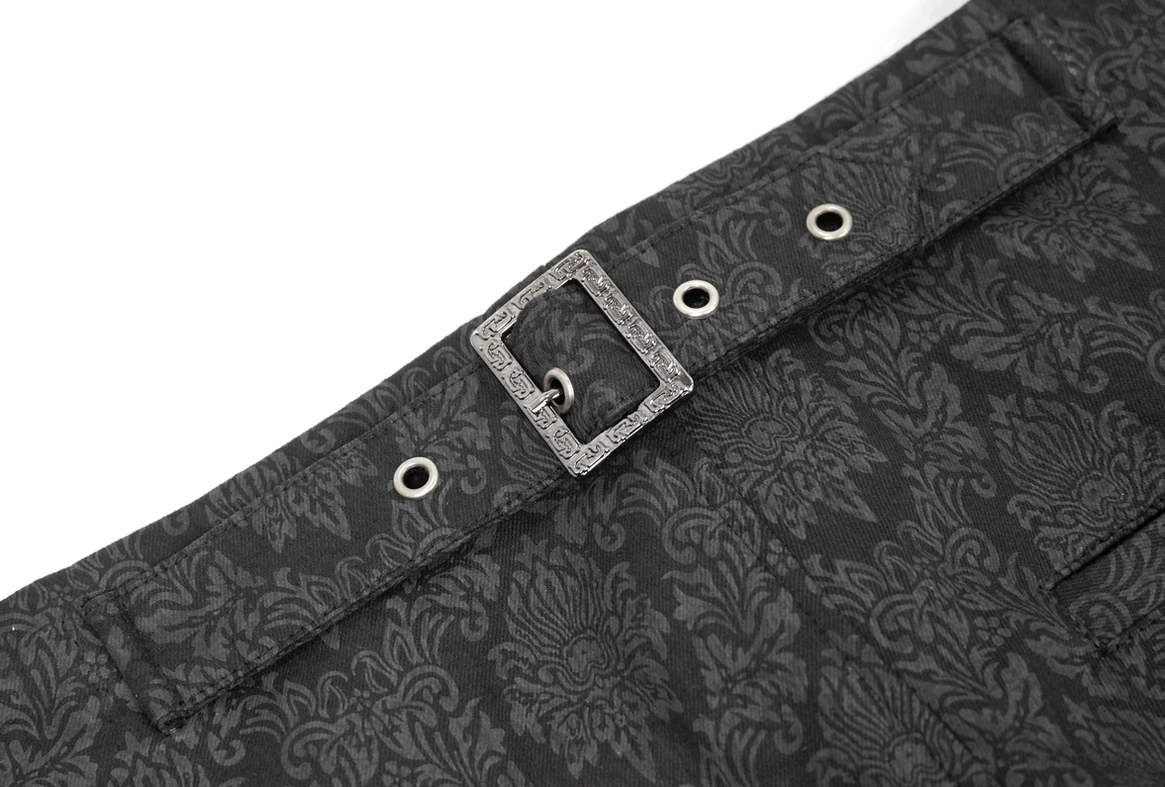 Close-up of gothic pants belt buckle, embossed metal construction with metal eyelet details for authentic vintage aesthetic