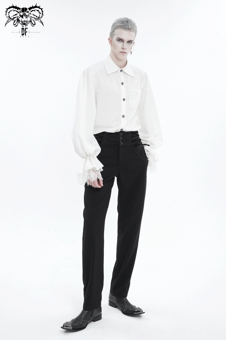 Black gothic lace-up trousers detail shot of ornate patterned buttons and Victorian-inspired waist hardware craftsmanship