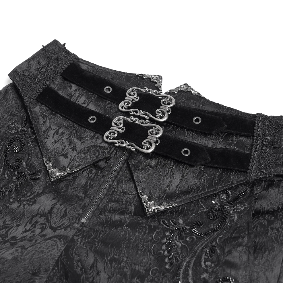 Close-up detail of men's gothic pants waist - dual velvet silver metal buckles with beaded embroidery hardware accent