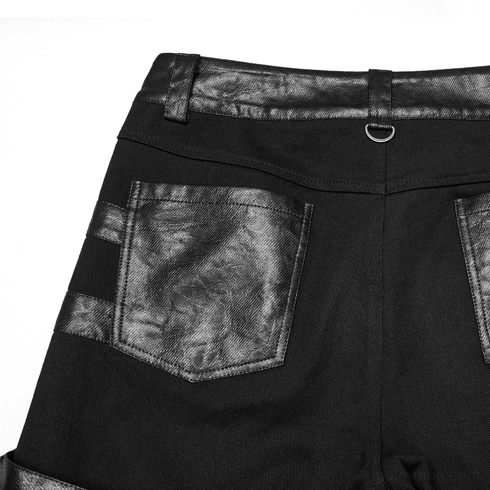 Close-up detail of gothic pants waist featuring leather trim, back pockets with metal patches, and D-ring hardware
