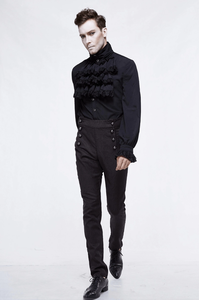 Gothic slim-fit black trousers waist and upper leg detail showcasing double button rows and jacquard fabric construction