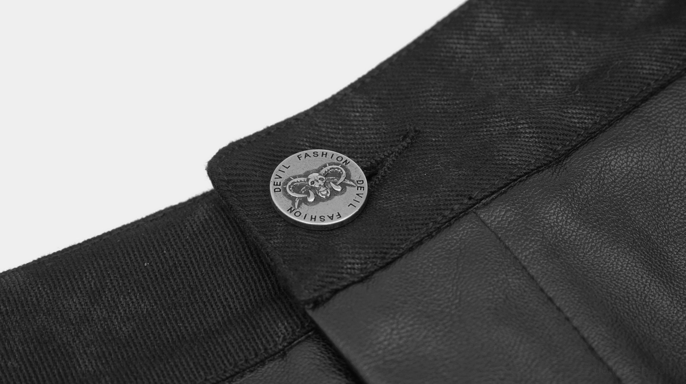 Gothic pants waist hardware close-up - metal button and mixed faux leather fabric construction