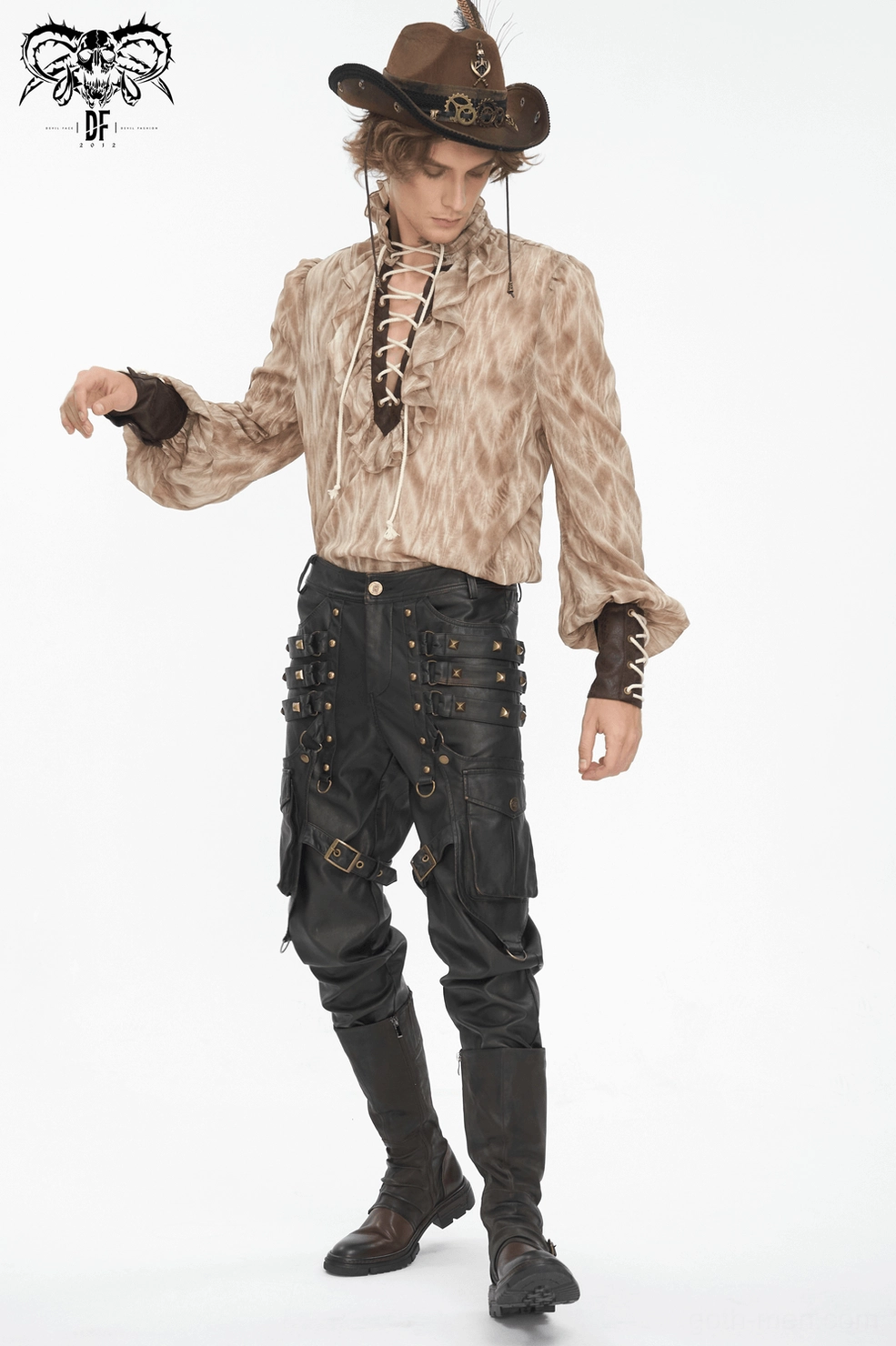 Waist and hip area detail of men's gothic faux leather cargo pants with snap button closure