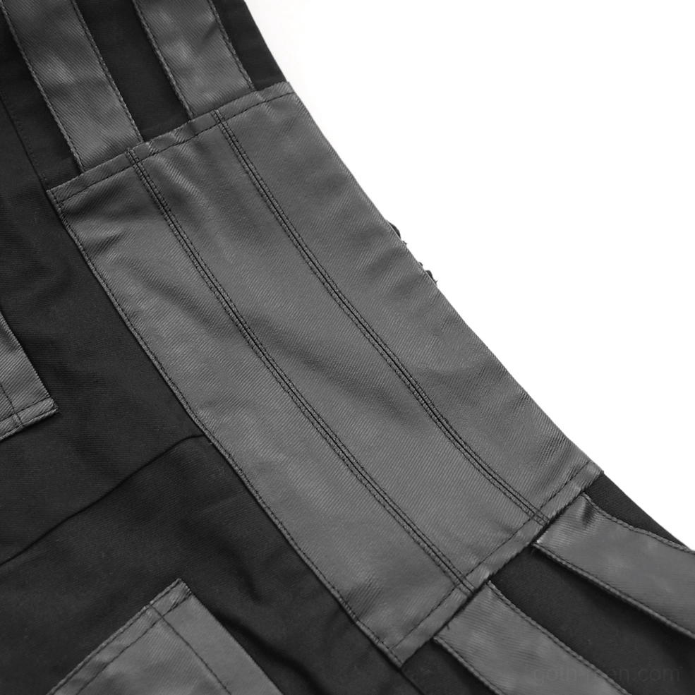 Stitching and matte leather texture details on gothic pants waistband construction