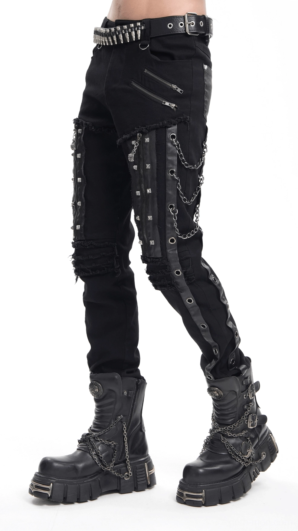 Front waistband detail of black gothic slim-fit pants showing studded belt loops and hardware