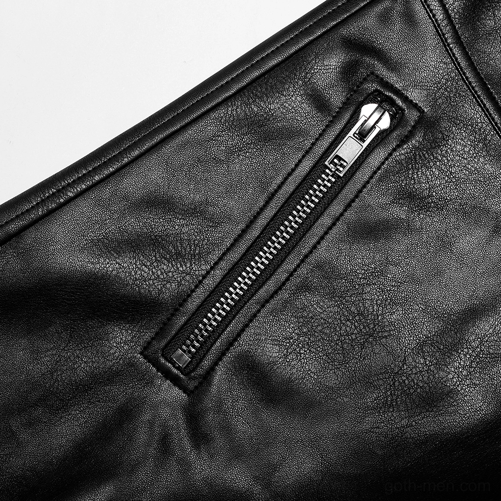Close-up of black gothic leather pants side zipper pocket with metal fastener on pebbled PU material