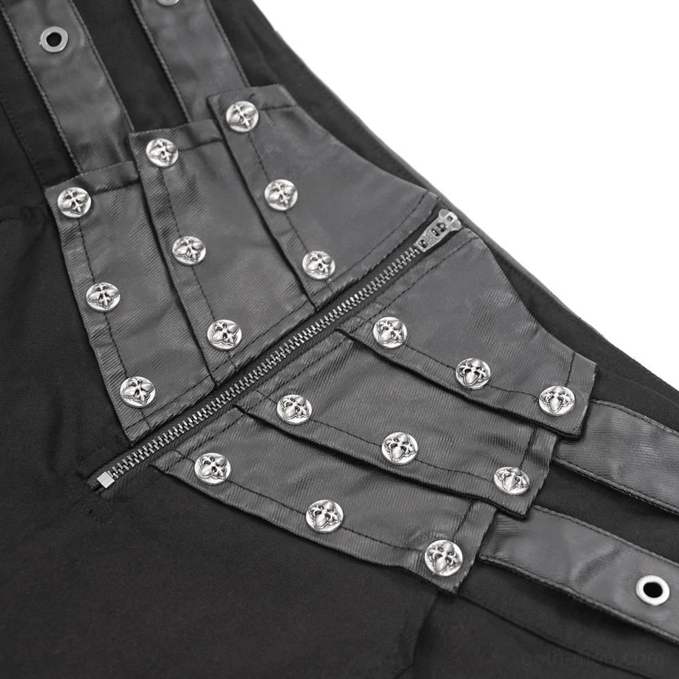 Close-up of gothic pants front zipper with cross-pattern metal studs and rivets