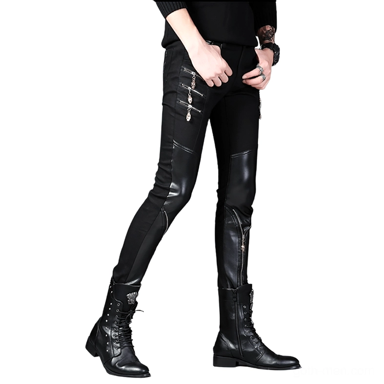 Men's black patchwork biker slim trousers side front angle - gothic punk pants with cross decorative zippers and PU leather panels