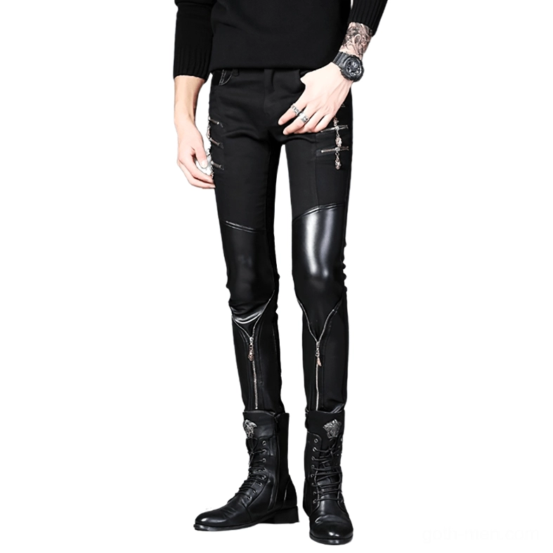 Front side angle of black patchwork gothic biker trousers - male slim fit pants with faux leather panels and decorative zippers